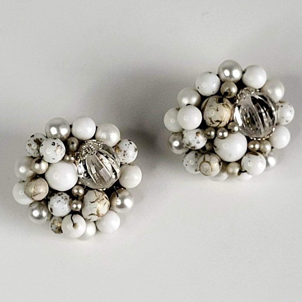 Vintage JAPAN Cluster Clip-On Earrings • White & Gold Bead Cluster • 1950s Retro